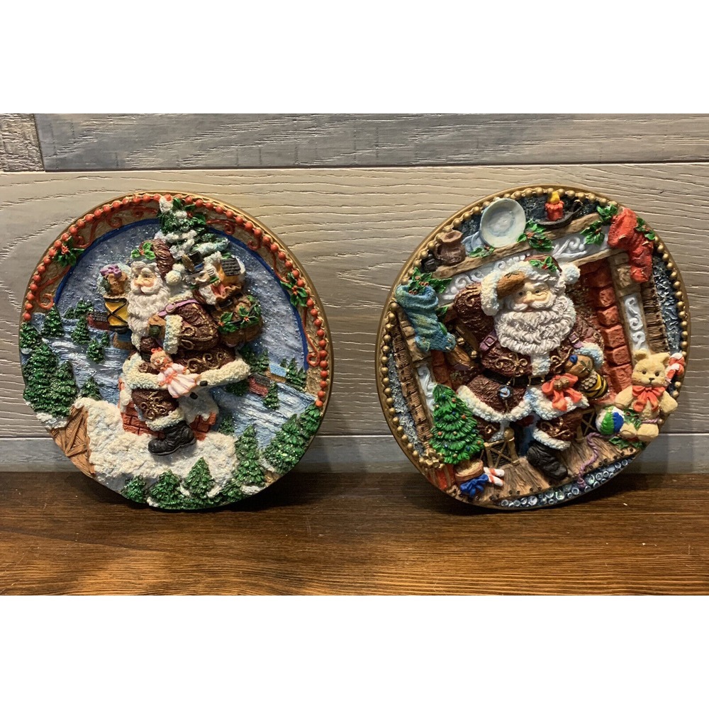 Old World Santa Plates 6.5" Rooftop 063091 & Fireplace #063092 Giftcraft 1996 3D
